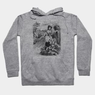 Idyllic Rustic Scene with a Girl and a Shepherd. Black and White Vintage Illustration Hoodie